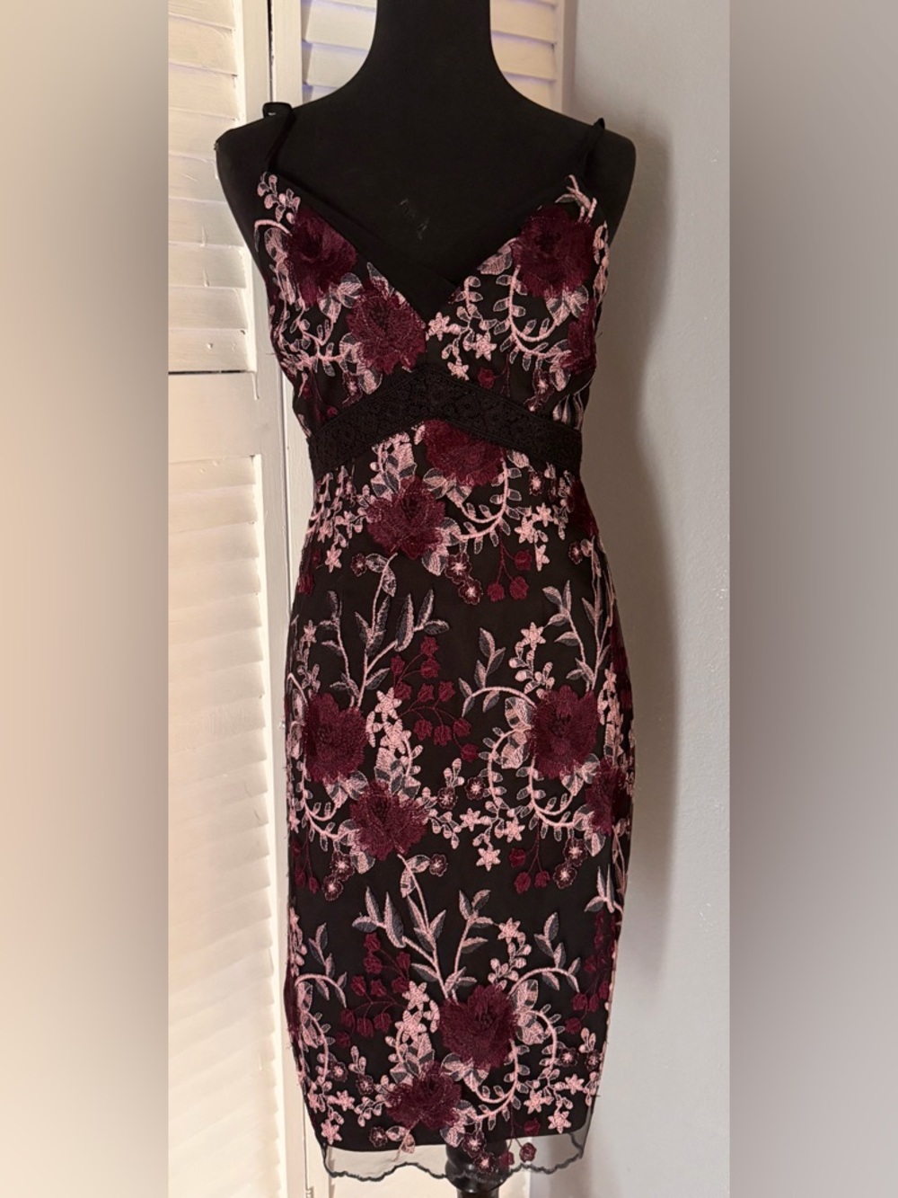 White House Black Market Black Midi Dress with Burgundy & Pink Floral Embroidery